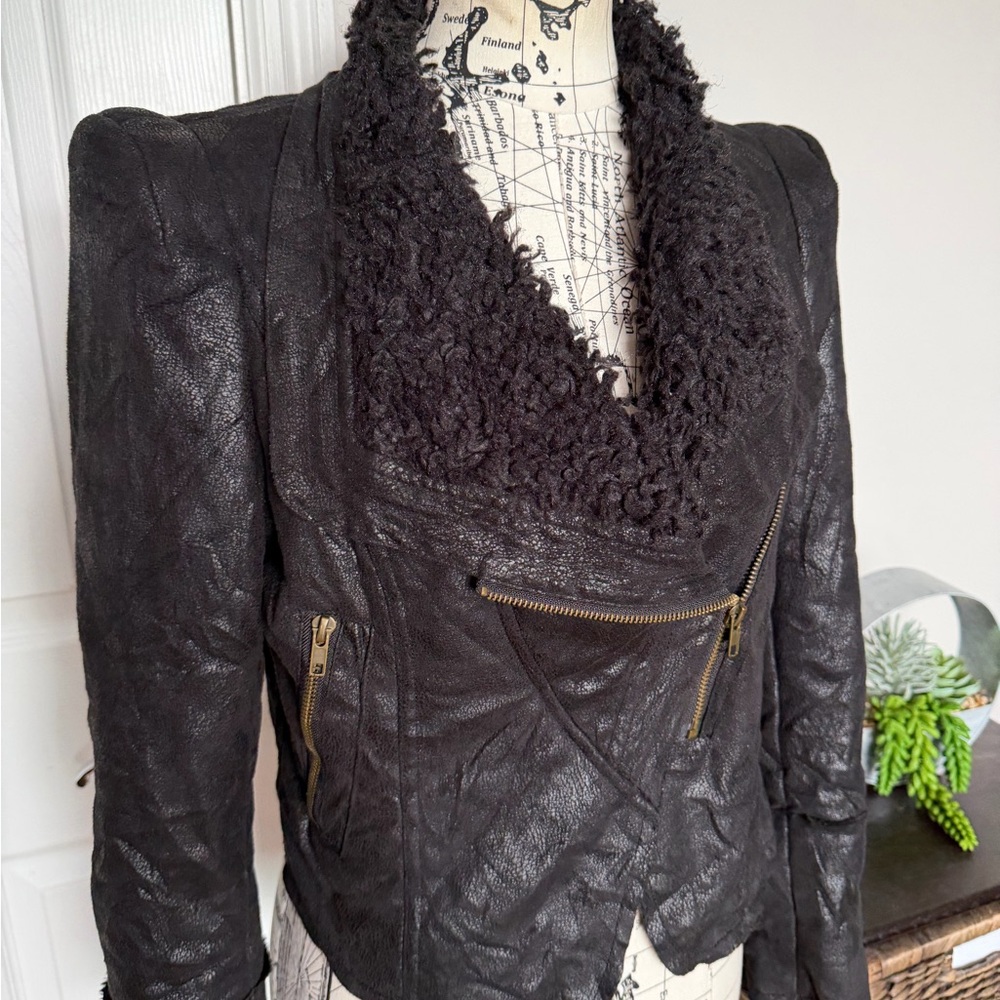 Vintage y2k moto faux suede shearling lined jacket oversized collar black S